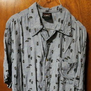 Men's Medium Pirate Surf Blue Tiki Print Short Sleeve Button Down Shirt